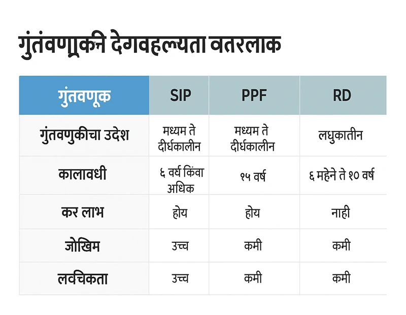 "SIP, PPF, RD गुंतवणूक तुलना मराठी"