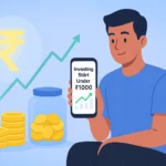 "Investing start under ₹1000 in share market – तरुण भारतीय गुंतवणूकदार मोबाईल अ‍ॅपवरून शेअर खरेदी करताना, पार्श्वभूमीला ₹ चिन्ह, वाढता ग्राफ, नाणी आणि बचतीचा जार."