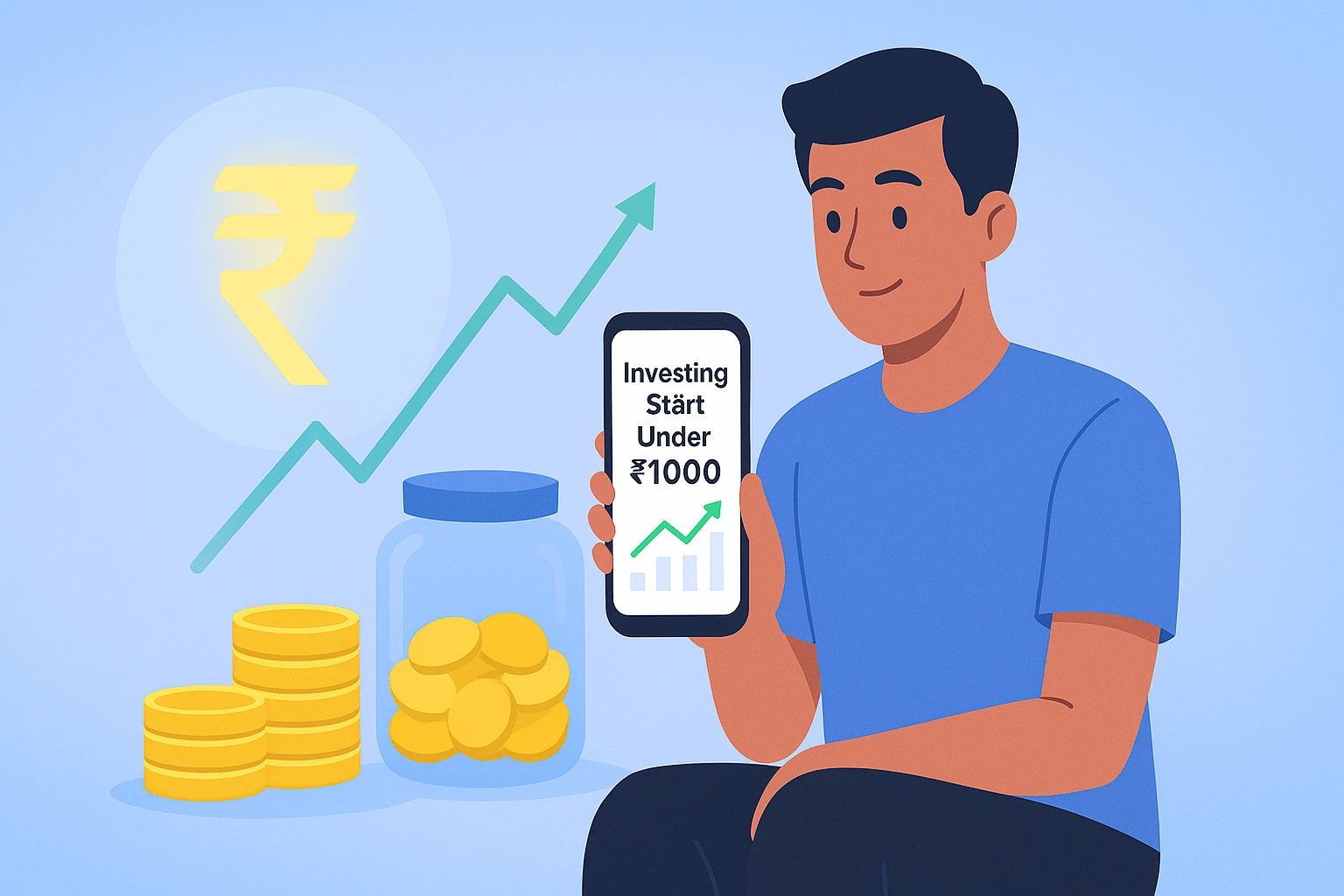 "Investing start under ₹1000 in share market – तरुण भारतीय गुंतवणूकदार मोबाईल अॅपवरून शेअर खरेदी करताना, पार्श्वभूमीला ₹ चिन्ह, वाढता ग्राफ, नाणी आणि बचतीचा जार."