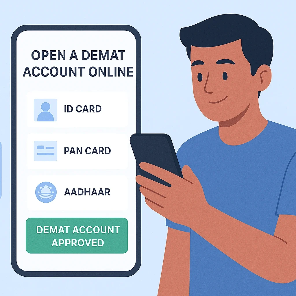 "तरुण भारतीय गुंतवणूकदार मोबाईलवर Demat Account उघडताना – KYC process आणि documents सोबत"