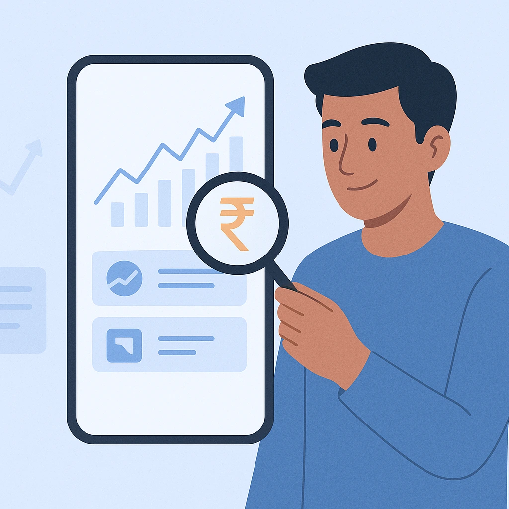 "योग्य शेअर्स निवडताना भारतीय गुंतवणूकदार – मोबाईल अॅपवर charts, arrows आणि ₹ चिन्ह"