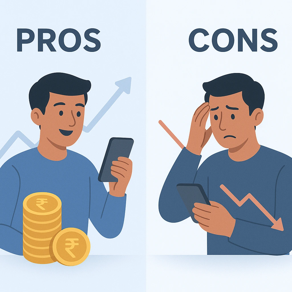 "शेअर मार्केट गुंतवणुकीचे फायदे-तोटे – एका बाजूला वाढता ग्राफ व नाणी, दुसऱ्या बाजूला घटता ग्राफ व चिंताग्रस्त गुंतवणूकदार"