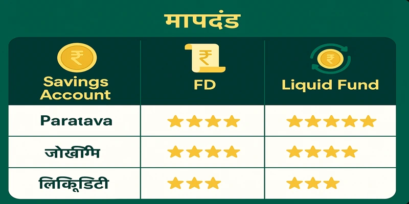 Savings, FD आणि Liquid Fund तुलना – रिटर्न, जोखीम, liquidity