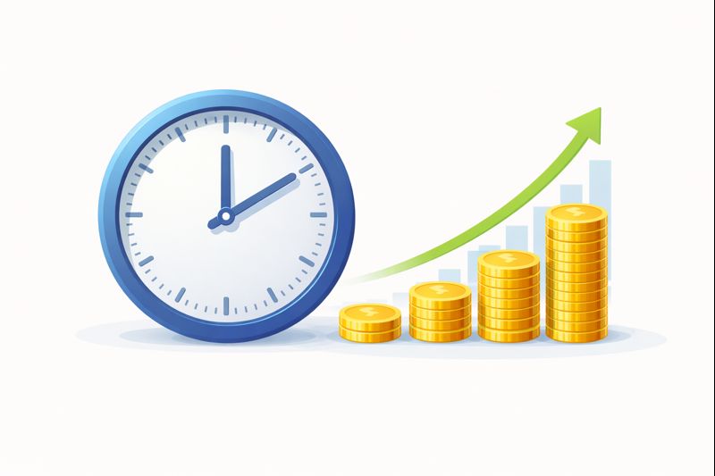 Clock with rising money graph showing the best time to start investing.