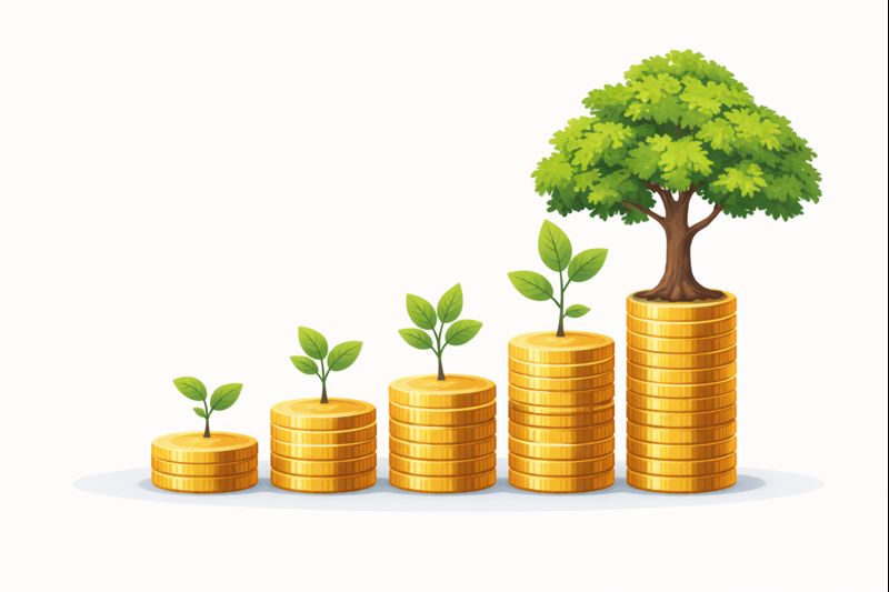 Stacked coins turning into a growing tree showing compounding returns.
