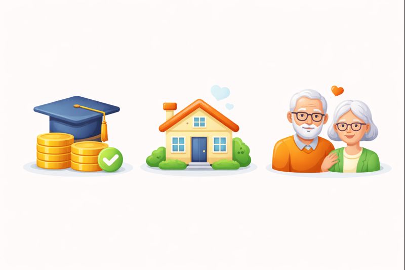 Icons showing education, home purchase, and retirement as financial goals.