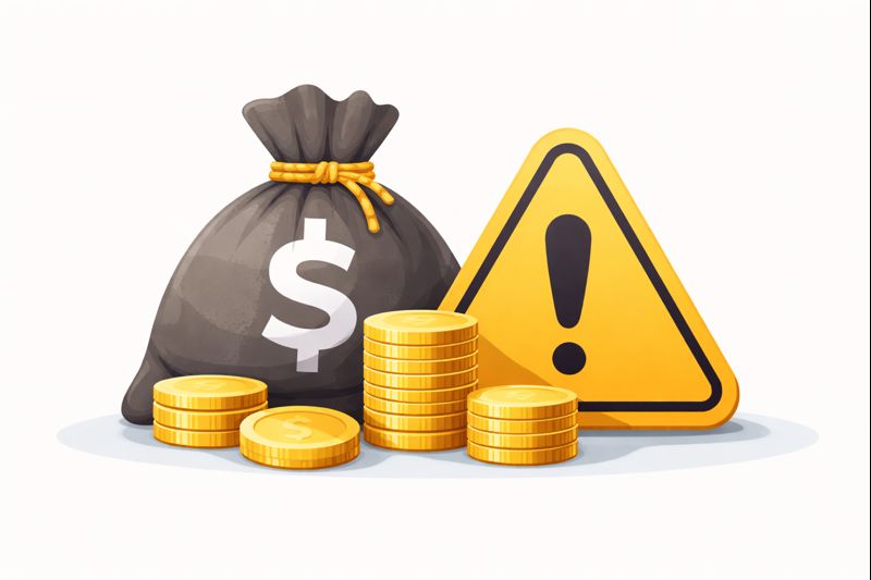 Warning sign with money bag and coins showing investment risk.
