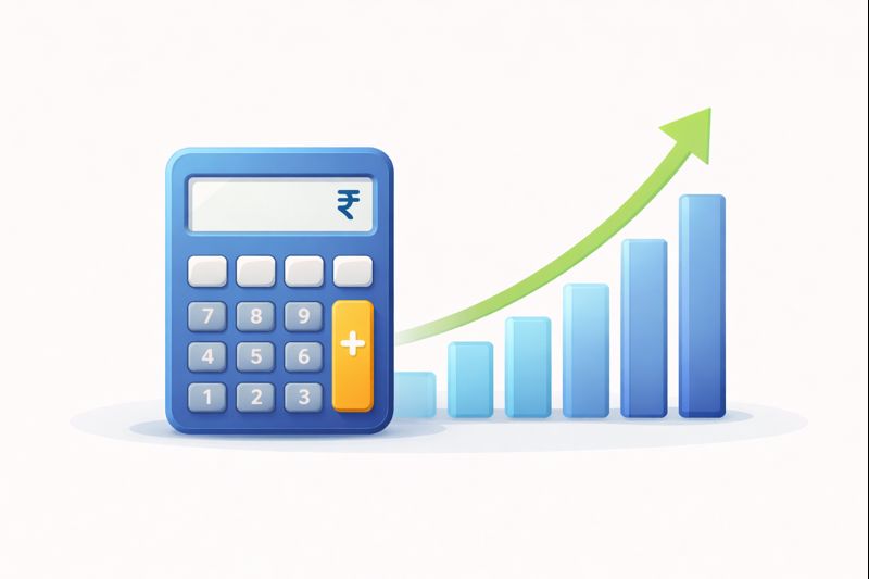 Calculator with rising bar chart and upward arrow showing SIP growth estimate.