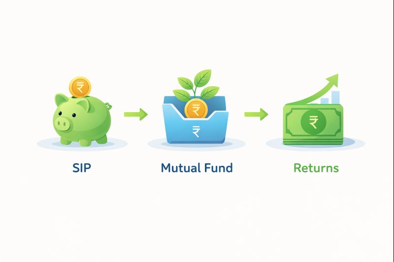 Simple flowchart showing SIP money moving into mutual funds and generating returns.
