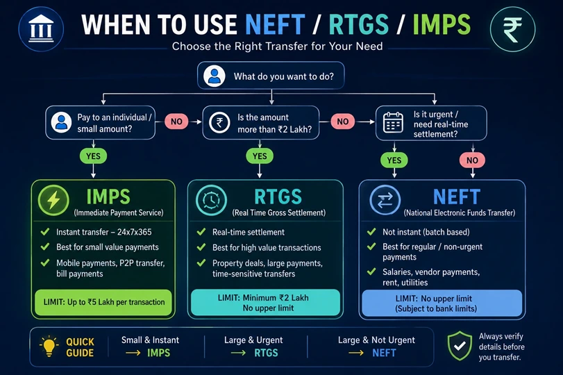 NEFT RTGS IMPS कधी वापरावे? निर्णय मार्गदर्शक प्रतिमा